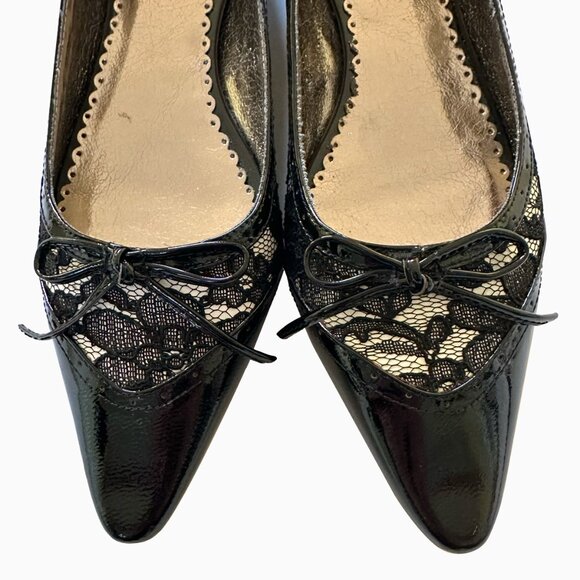Cochni Black Leather Whimsigoth Goth Floral Lace Bow Point Toe Kitten Heel Sz 6 - Picture 4 of 9